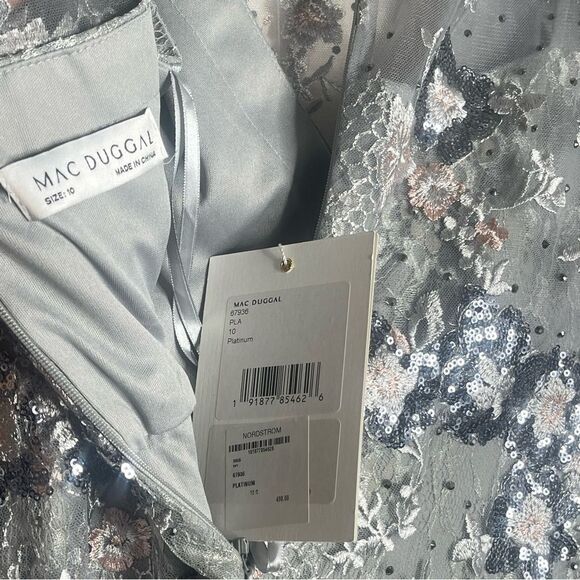 Mac Duggal 67936 Size 10 Bishop Sleeve Embroidered Mermaid Platinum Dress - Picture 6 of 14